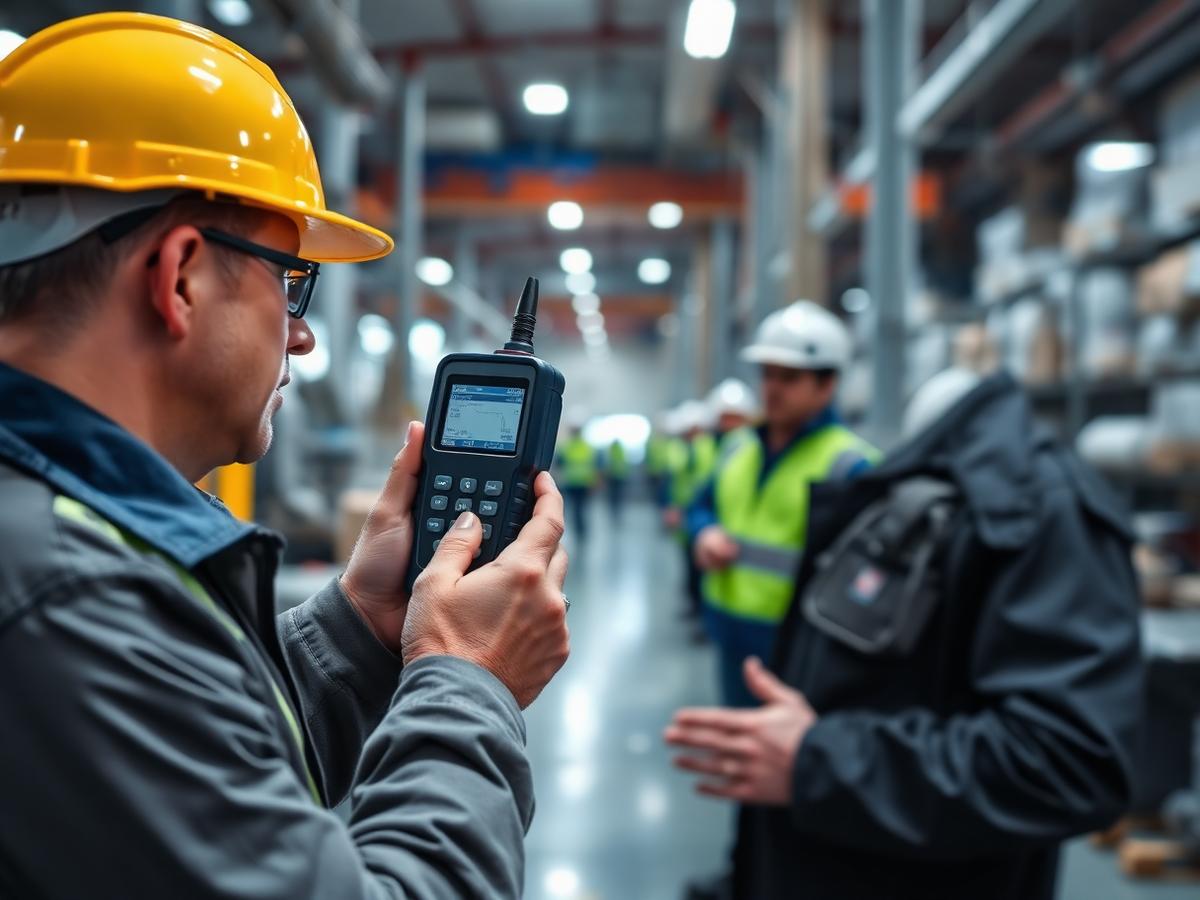 Técnico realizando avaliação quantitativa de ruído com medidor em ambiente fabril