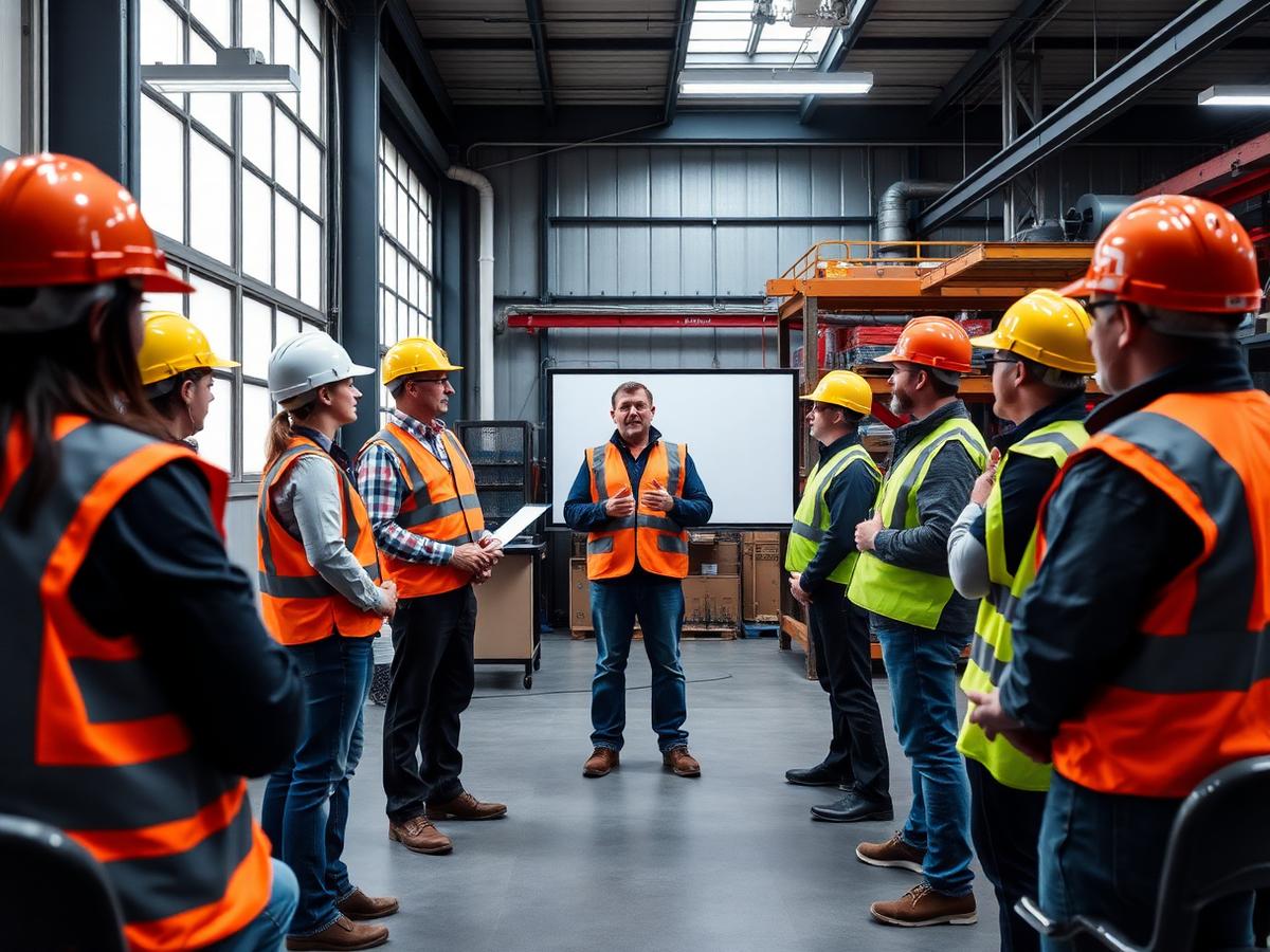 Treinamento de segurança do trabalho in company com colaboradores usando capacete e colete